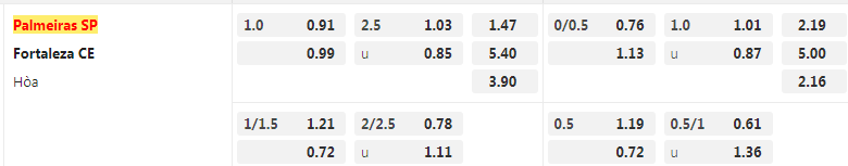 Tỷ lệ kèo Palmeiras vs Fortaleza